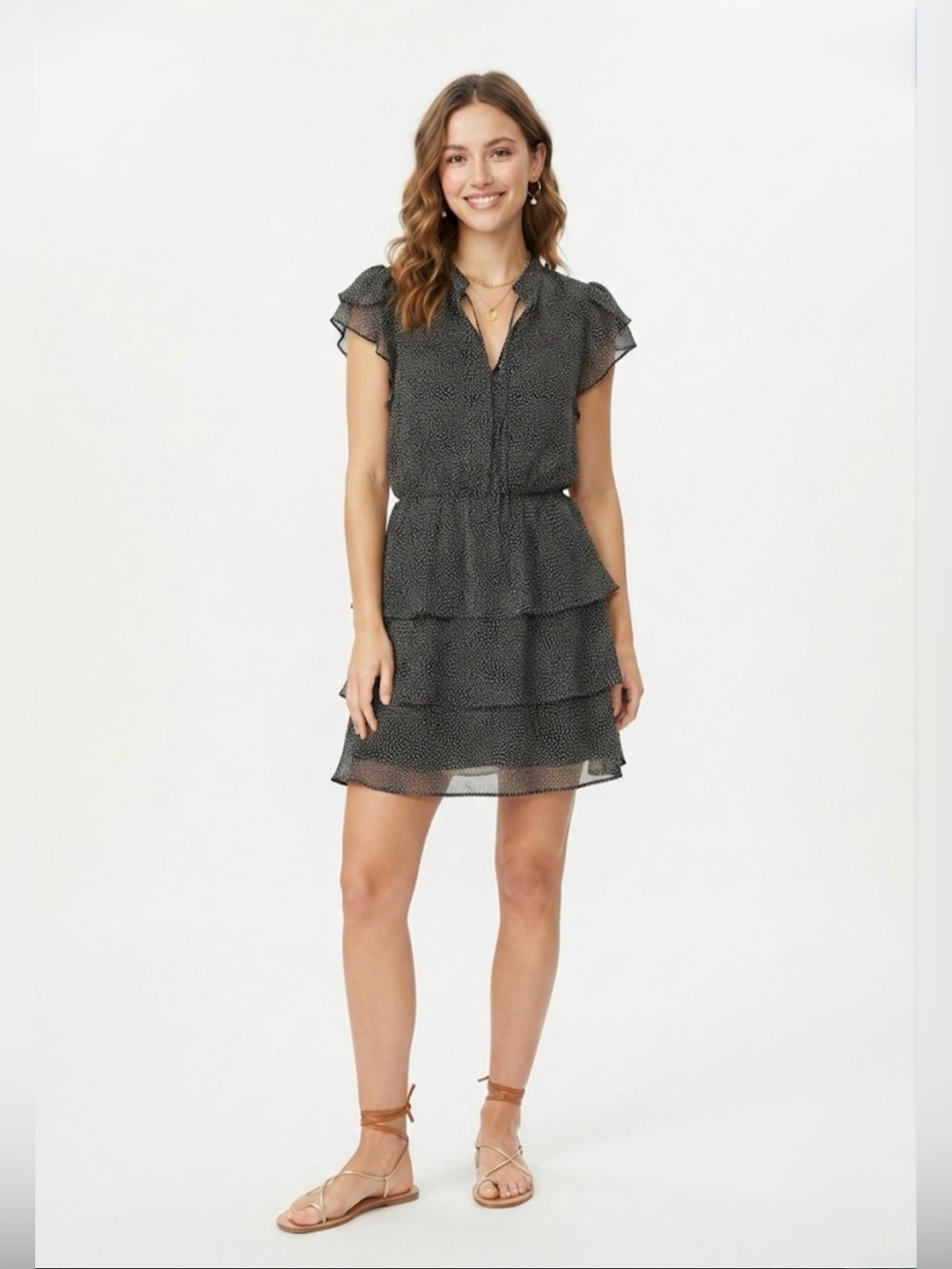 French Kiss Black & White Polka Dot Flutter Sleeve Tiered Ruffle Mini Dress NWT